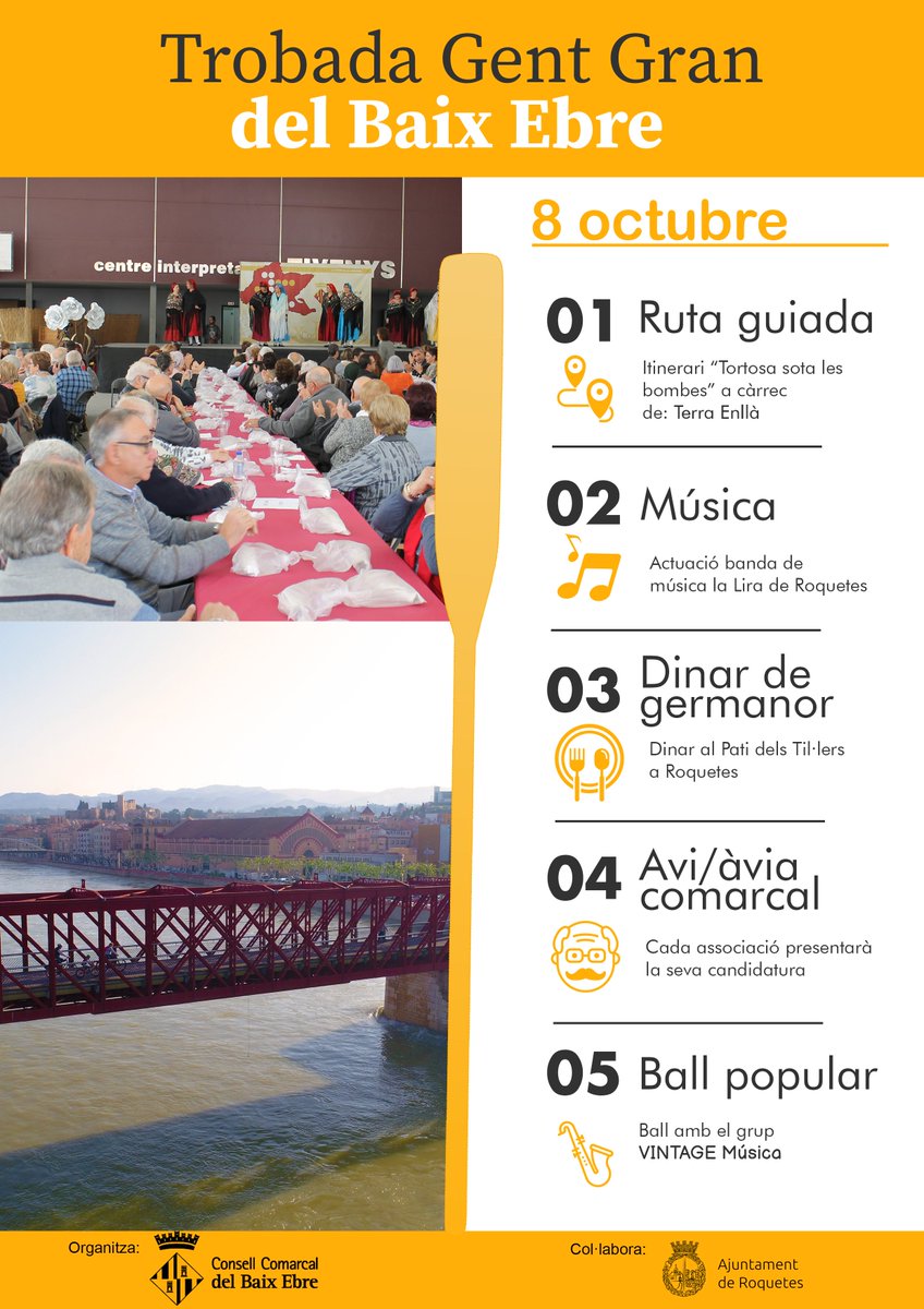 CCBaixEbre's tweet photo. TROBADA GENT GRAN | 🎉 El 8 d'octubre recuperem la Trobada de la Gent Gran del Baix Ebre!

Començarem la jornada amb la visita guiada 'Tortosa sota les bombes' i seguidament ens traslladarem al Pati dels Til·lers de Roquetes on tindran lloc les actuacions i el dinar.

#baixebre https://t.co/cvGZxVpxcj