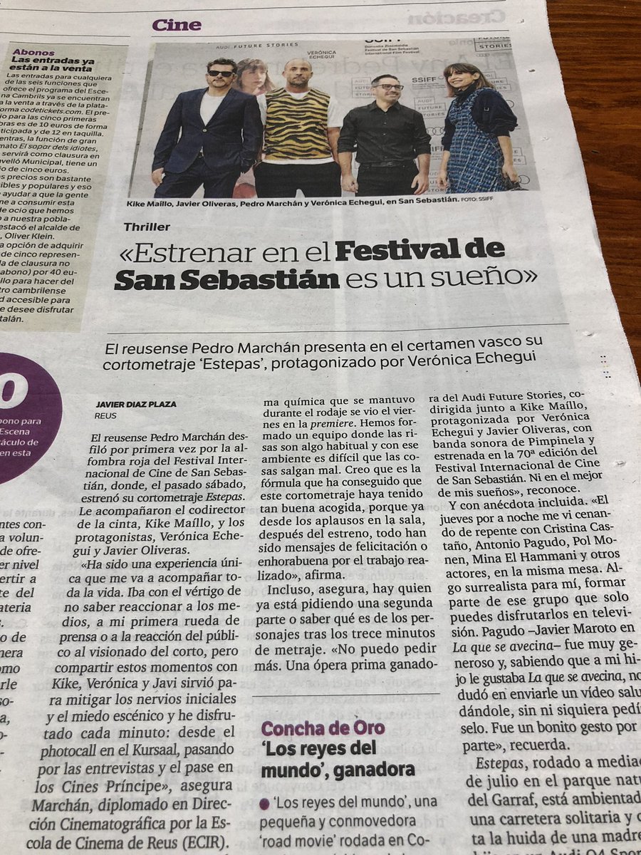 EscolaCineReus's tweet photo. Orgullosos de nuestros alumnos. Maravillosa experiencia en el Festival de San Sebastián presentando ‘Estepas’ el corto de Pedro Marchán co-dirigido por Kike Maíllo; proyecto ganador del II Certamen de guiones de cortos #audifuturestories https://t.co/va7fRNJJEv