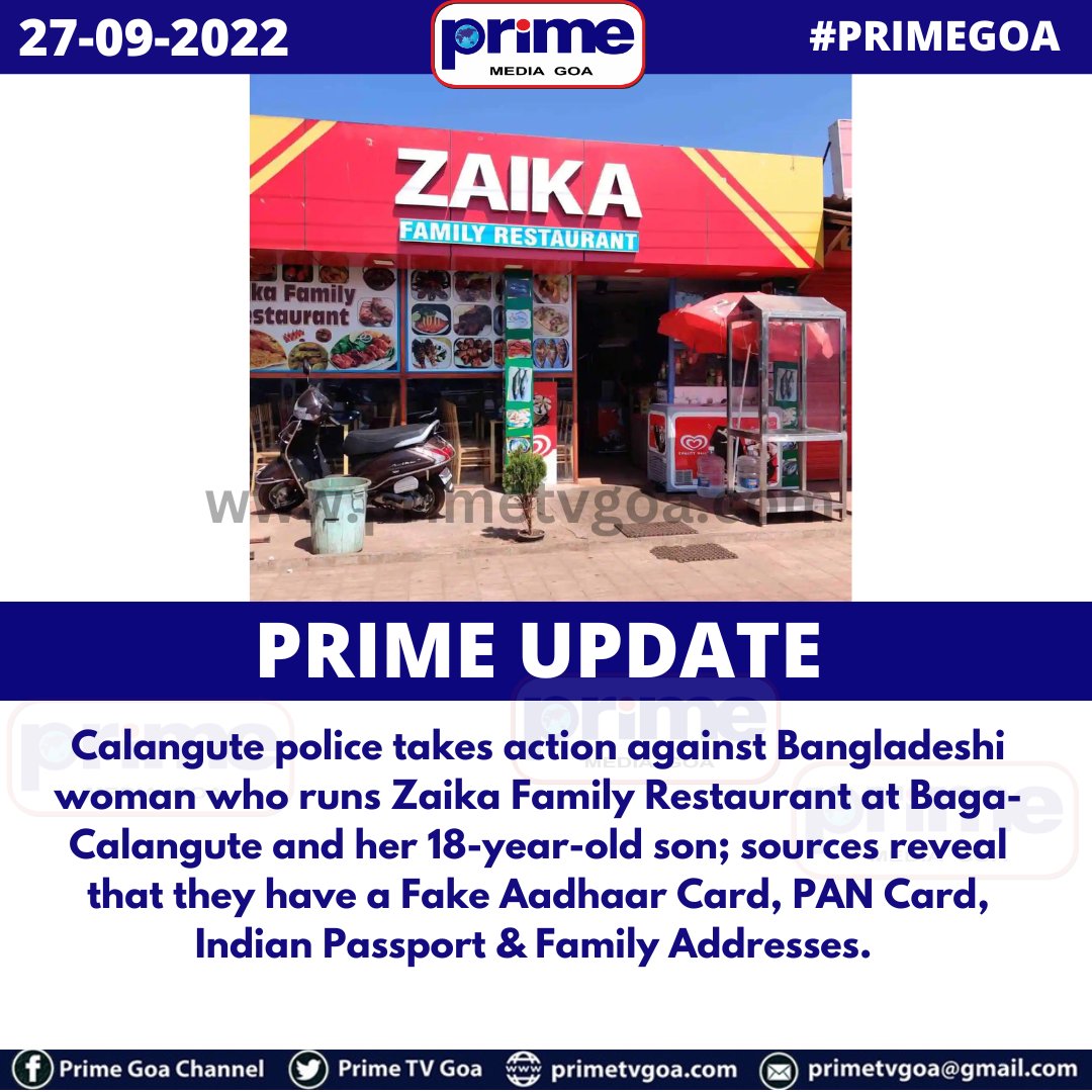 PrimeTVGoa's tweet photo. Calangute police takes action against Bangladeshi woman who runs Zaika Family Restaurant at Baga-Calangute
  ||  #PRIMEGOA #TV_CHANNEL #GOA #PRIMEUPDATE || https://t.co/Jzh6RmDL03