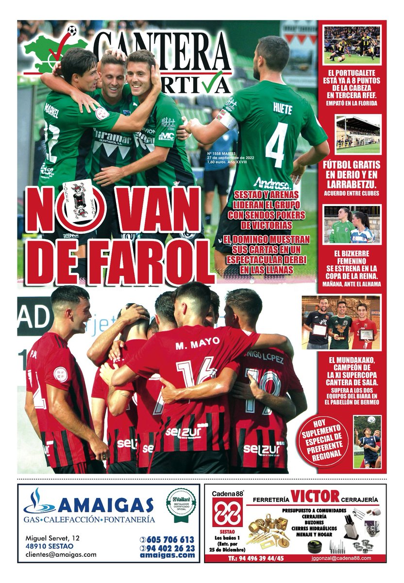 CanteraDeportiv's tweet photo. Esta es nuestra portada de hoy martes con el poker de victorias del @arenas_club1909 y @SestaoRC como imagen principal. También aparecen temas del @clubportugalete , @cd_derio - @uritarrakt , @Bizkerreft femenino, #Mundakako , #Biara A y B y el Especial de Regional Preferente. RT https://t.co/xEjThFhRup