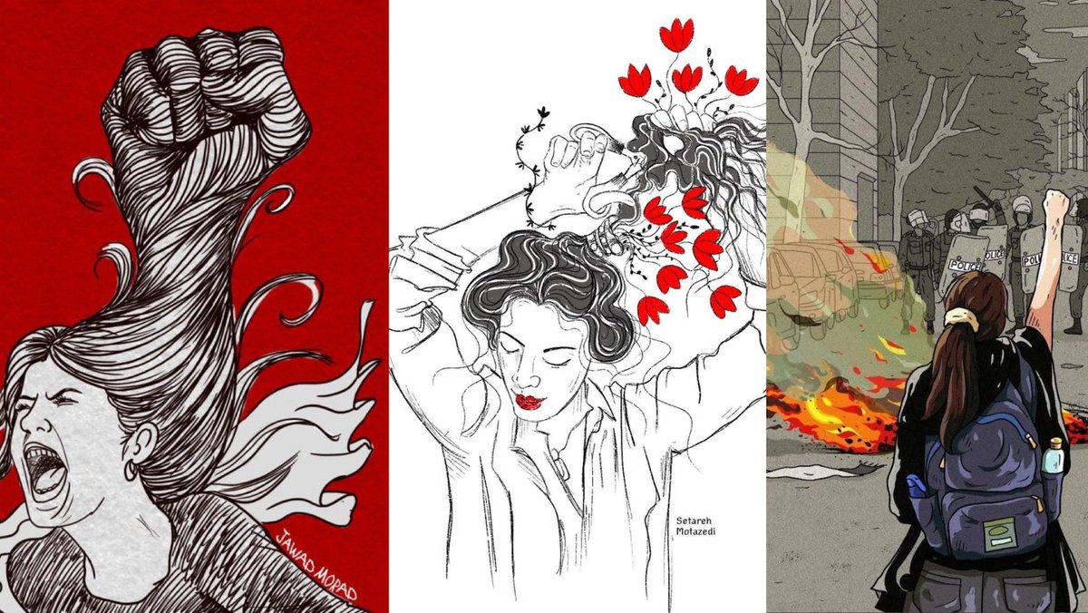 Iran right now, through the eyes of illustrators and artists. 

A 🧵:

#MahsaAmini #IranProtests2022 #WomenLifeFreedom
