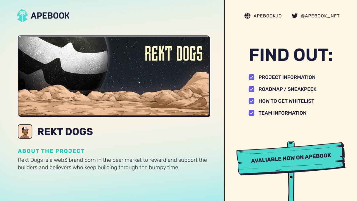 Guess who is currently 1st on Apebook: Aptos Upcoming Dashboard🥇

It's <a href="/rektdogs/">Rekt Dogs</a> , led by the team with high caliber experience in crypto exchanges and decentralised NFT tools &amp; services on Solana

Full review: apebook.io/upcoming-proje…