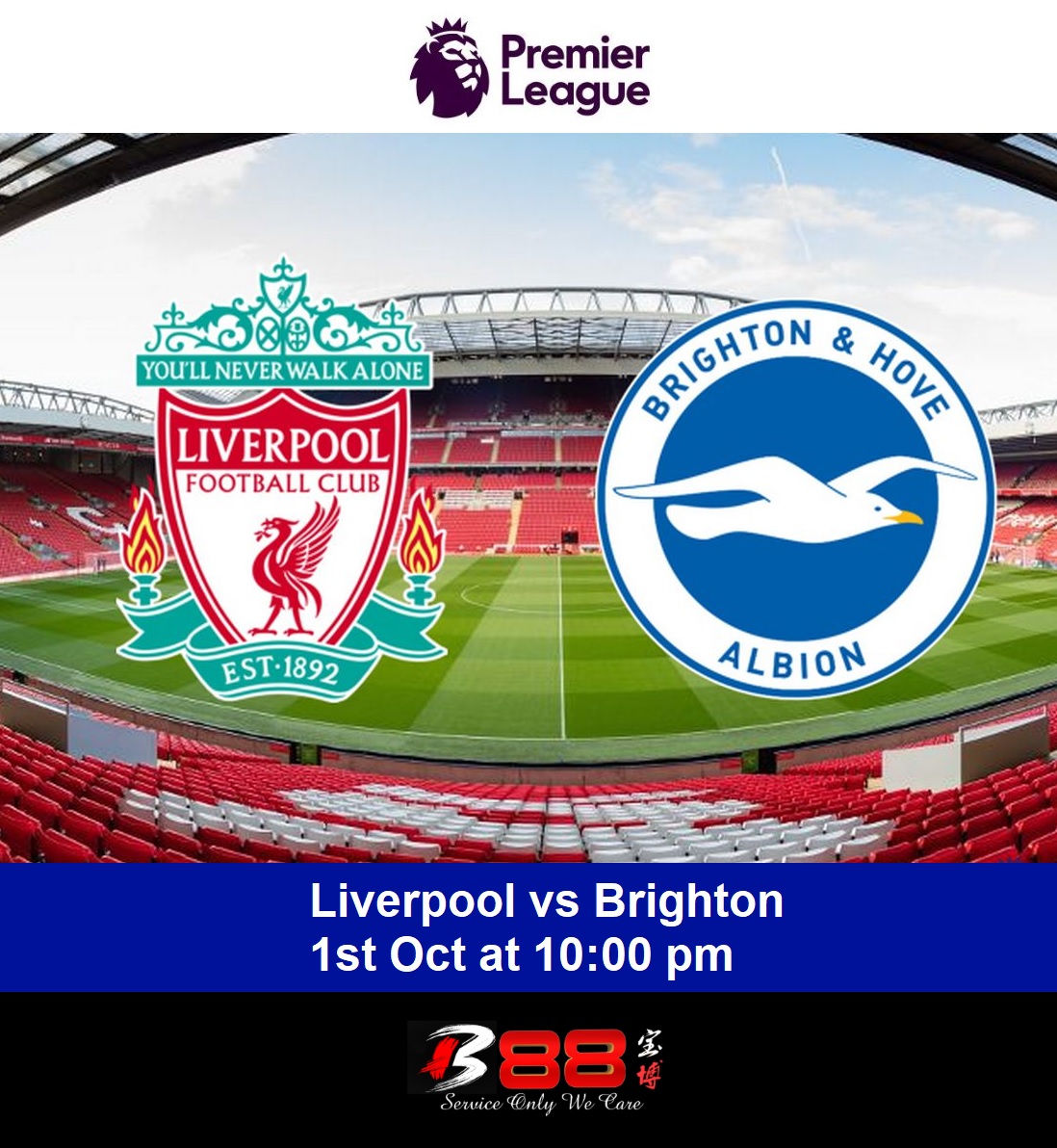 B88_Official's tweet photo. Premier League Game!⚽️
Liverpool vs Brighton, on 1st Oct at 10pm.
Who supports Liverpool &amp; Brighton?
Let’s support your team at B88 now!
👉https://t.co/F7DrDyes4J
#B88 #OnlineCasino #Liverpool #Brighton #Sportsbook #SportsBetting #EPL #OnlineBetting #PremierLeague #OnlineBetting https://t.co/oFq13iEImR