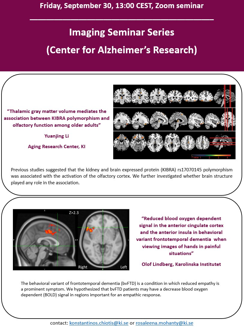 <a href="/CAR_Karolinska/">Center for Alzheimer Research at KI</a> welcomes you to join our 🧠 imaging seminar for September! We look forward to listening to our two presenters, Yuanjing Li and Olof Lindberg. Feel free to reach out to me or <a href="/inKostasMind/">Konstantinos Chiotis</a> for the zoom link.