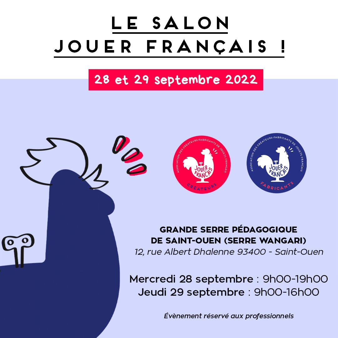 Nous serons présents au salon #JouerFrancais de <a href="/WAcfjf/">ACFJF Créateurs-Fabricants de Jouets Français</a> les 28 et 29 septembre pour présenter nos jeux #madeinfrance <a href="/TetesBruleesExp/">Têtes Brûlées Expérience</a> <a href="/Hello_Maestro/">HELLO MAESTRO</a> <a href="/paolascemama/">Paola Scemama</a> #mif #cocorico On s'y retrouve ? #jeux #jouets #upyaa #captainbrain #tetesbruleees #hellomaestro