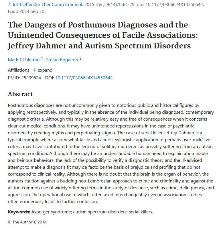 Neuro_Skeptic's tweet photo. The dangers of making "facile" retrospective autism diagnoses for Jeffrey Dahmer and other killers https://t.co/yXFoCG1flZ I believe every serial killer had autism, so did their victims, in fact everyone in history has had autism. https://t.co/xZfLnBfDYC