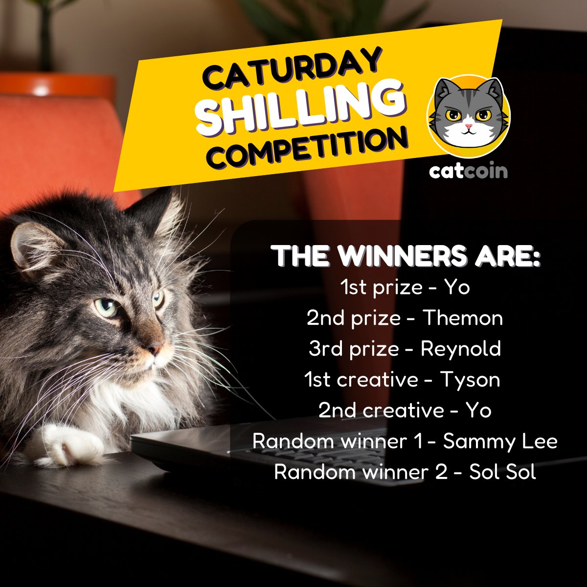 Congratulations to the #Catcoin Caturday Shilling Competition winners. Thanks to all who participated, and remember to always shill this #cryptogem. Together we go #tothemeoown!