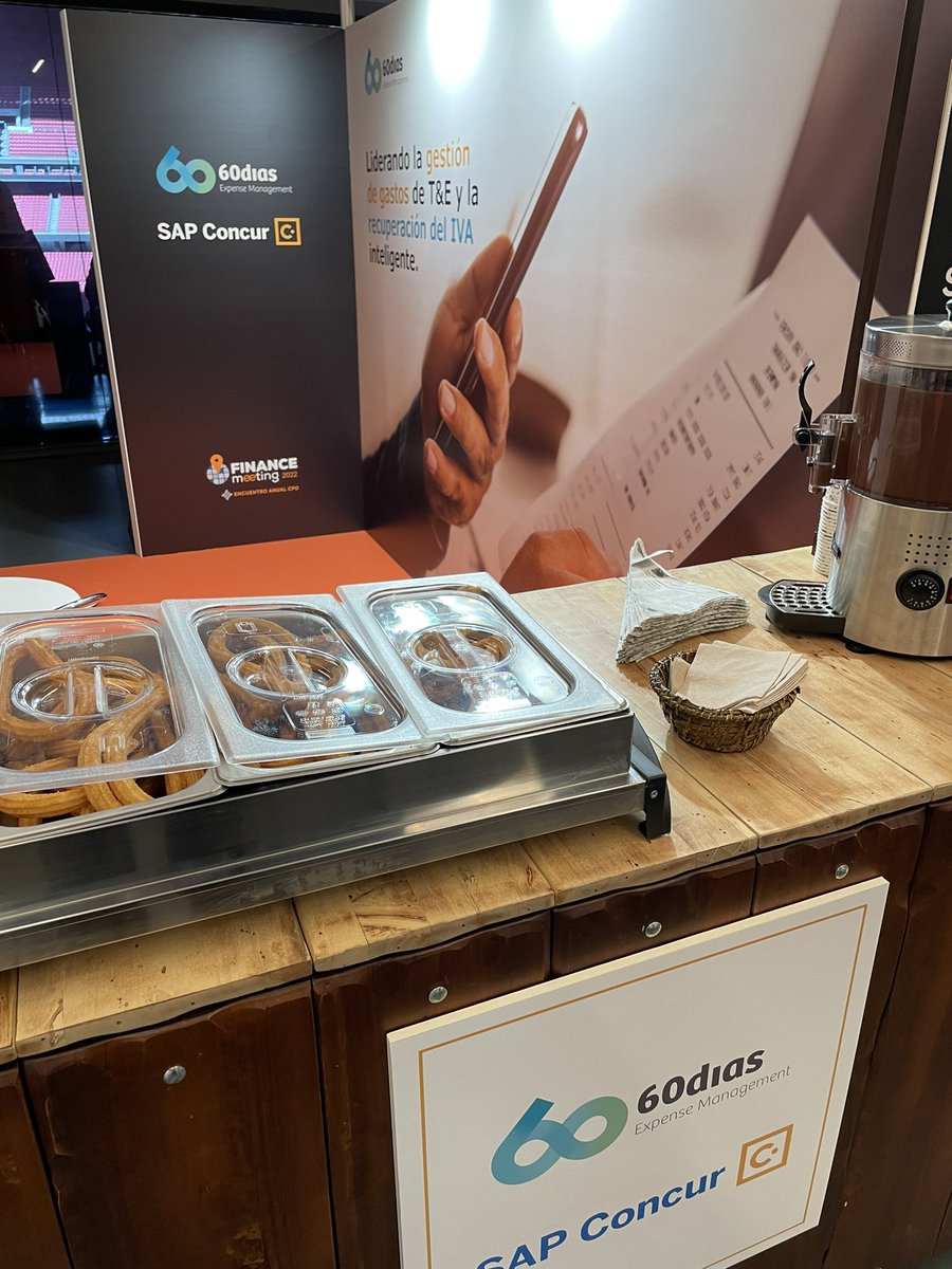 ifaes's tweet photo. ☕️🧇 no te olvides de pasar por el #stand19 y disfrutar de un chocolate con churros mientras te cuentan todas las novedades de @60dias_ y @SAPConcur #Financemeeting2022 https://t.co/Ky17flYVY6