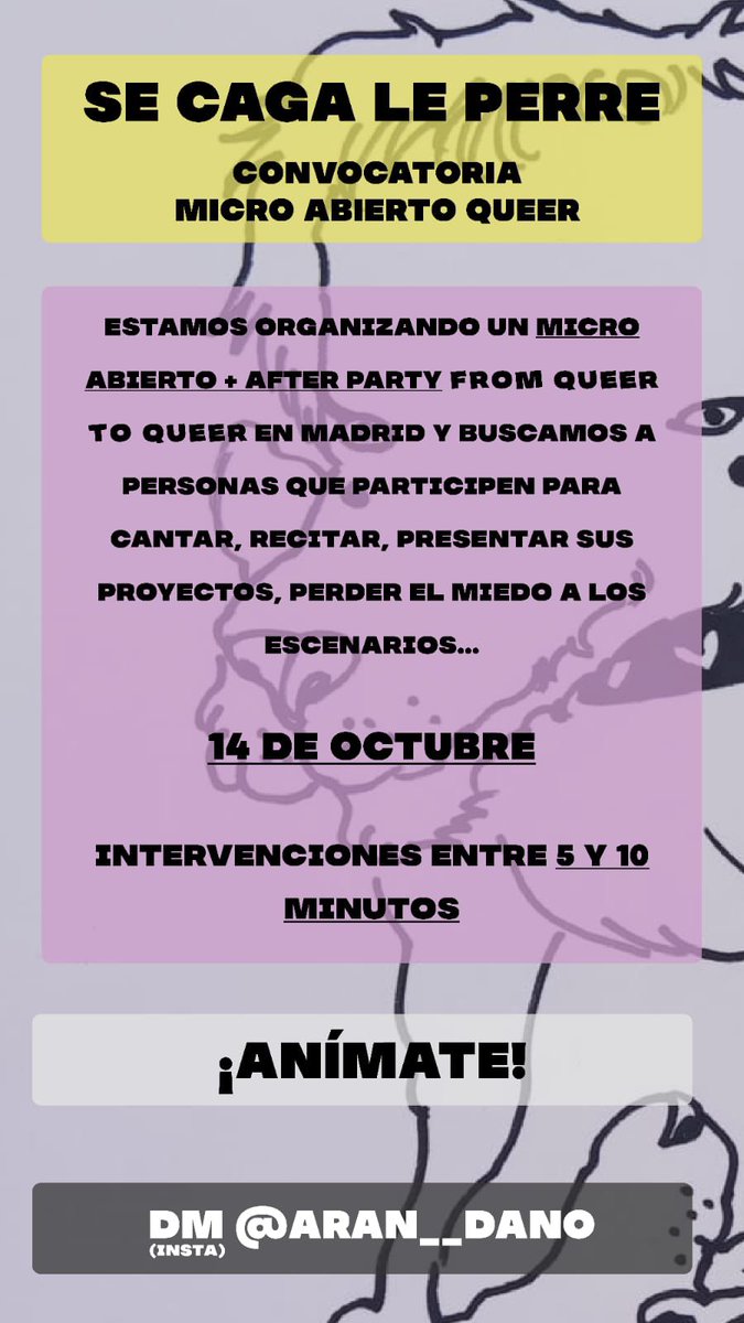 mlomnz's tweet photo. Hola chicxs! @aran__danito esta organizando un micro abierto para personas queer, y seria un puntazo que os apuntaseis o le dieses RT para difundir y animar a la gente 👉🏼👈🏼 Tenéis toda la info aquí abajo https://t.co/ol3AuAarzj