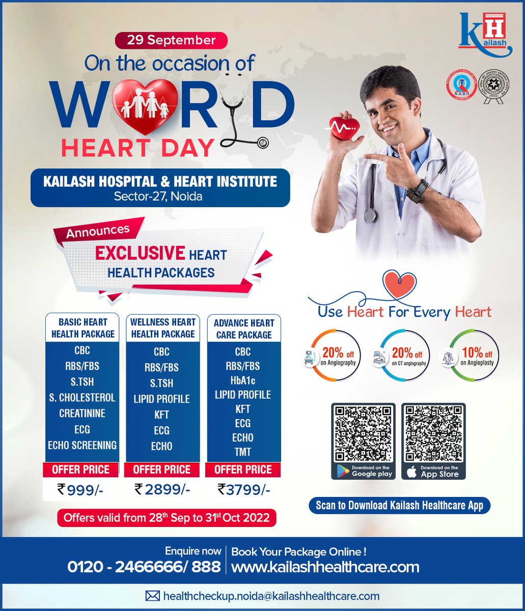 KailashHealth's tweet photo. It's time of the year again to Celebrate Every Heart with Care!
Kailash Hospital & Heart Institute announces Exclusive offers on Healthy Heart Packages from 28th Sep 2022.
Grab it now!
Call: 0120- 2444444
Click: https://t.co/3PxoAq4fg8
#healthcheckup #hearthealth #healthoffers https://t.co/GrRlxGxojy