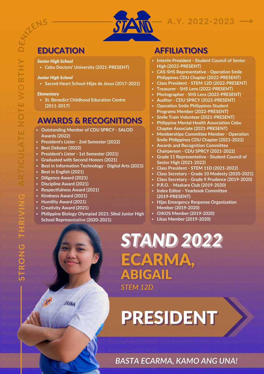 cdustandparty's tweet photo. STAND is a group full of people whose passion for service knows no bounds- and they are oftentimes more than willing to lend a helping hand. 

Get to know more about them as we strive for a brighter future ahead of us, together! 

💙🧡
#iStandWithSTAND
#STAND2022 https://t.co/2sq9AsNpsh