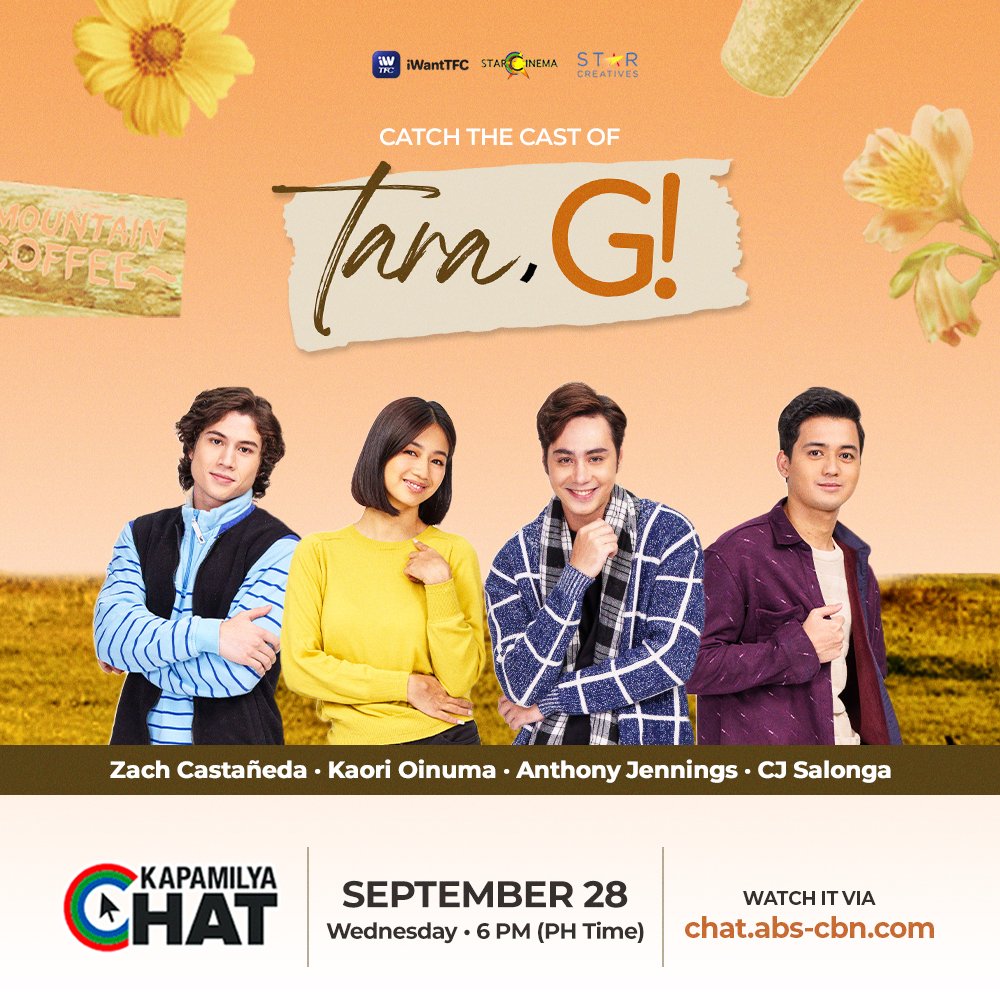 G ba kayo sa chikahan with the cast of #TaraG?! 😀 Catch Anthony, Kaori, Zach, and CJ on the Wednesday episode of Kapamilya Chat! Watch it LIVE at 6PM via chat.abs-cbn.com! @ABSCBN @StarCinema @StarCreativesTV