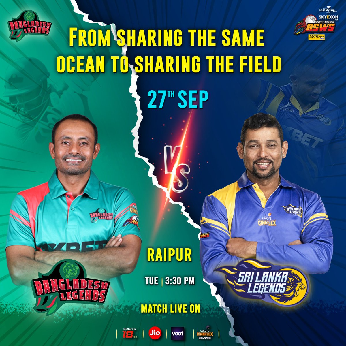 This is happening today! Are you cheering for us? 

Watch us play against the Sri Lanka Legends!

Watch all the action LIVE only on <a href="/colorscineplex/">Colors Cineplex</a>, Colors Cineplex Superhits, @voot, Jio, and Sports18 Khel 📺💙

#RoadSafetyWorldSeries #RSWS #BangladeshLegends #WorldSeriesT20