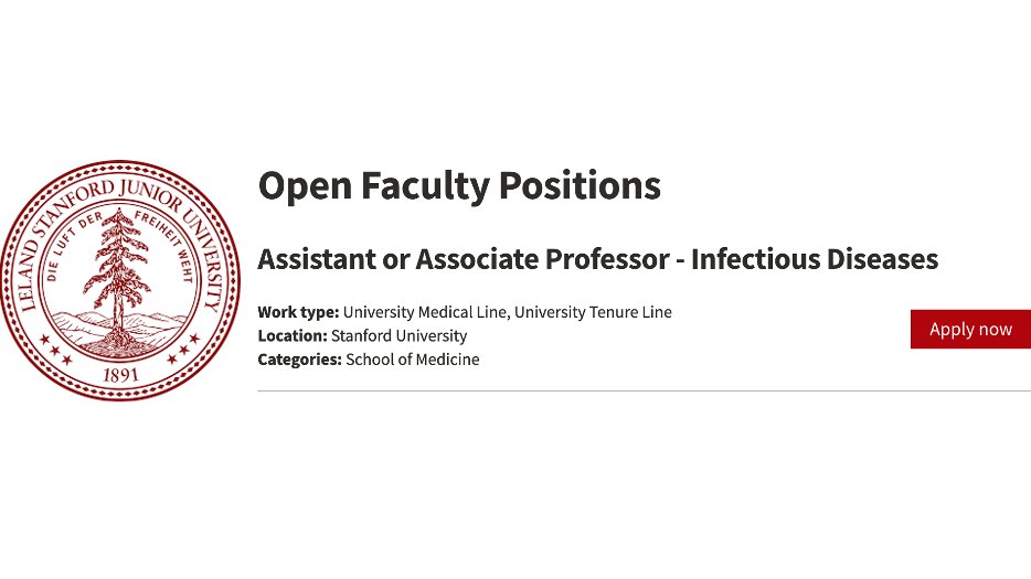 The Division of Infectious Diseases at Stanford University is hiring! Come Join us! Please share! facultypositions.stanford.edu/cw/en-us/job/4…