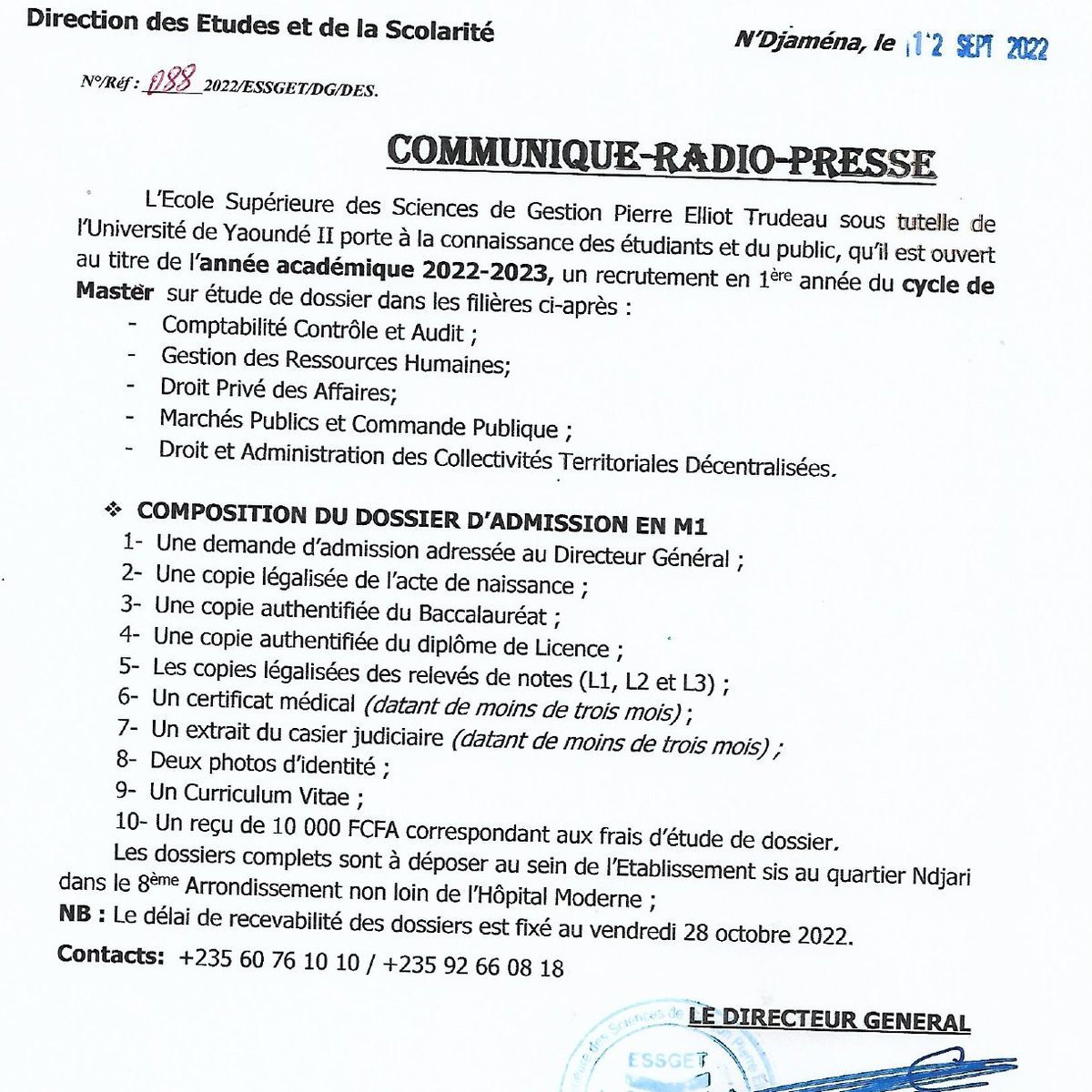 L’Ecole Supérieure des Sciences de Gestion Pierre Elliot Trudeau porte à la connaissance des étudiants et du public, qu’il est ouvert au titre de l’année académique 2022-2023, un recrutement en 1ère année du cycle de Master  sur étude de dossier dans les filières ci-après :