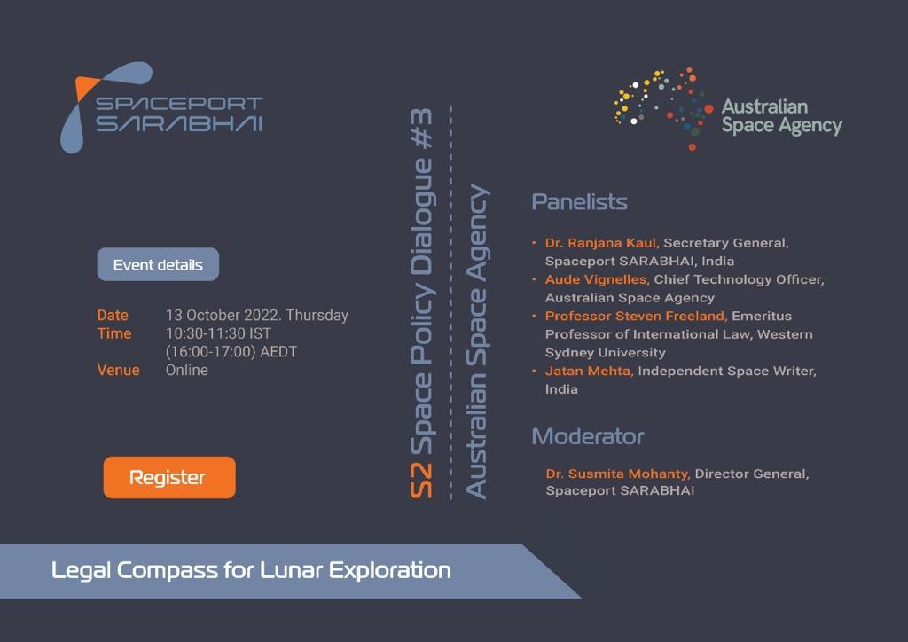 Spaceport SARABHAI (S2) to co-host its next space law and policy panel with the Australian Space Agency on 13th Oct at 10:30 AM IST. 

The discussion is meant to strengthen bi-lateral cooperation and strategic exchange of ideas. 

Details &amp; Registration:
us06web.zoom.us/webinar/regist…