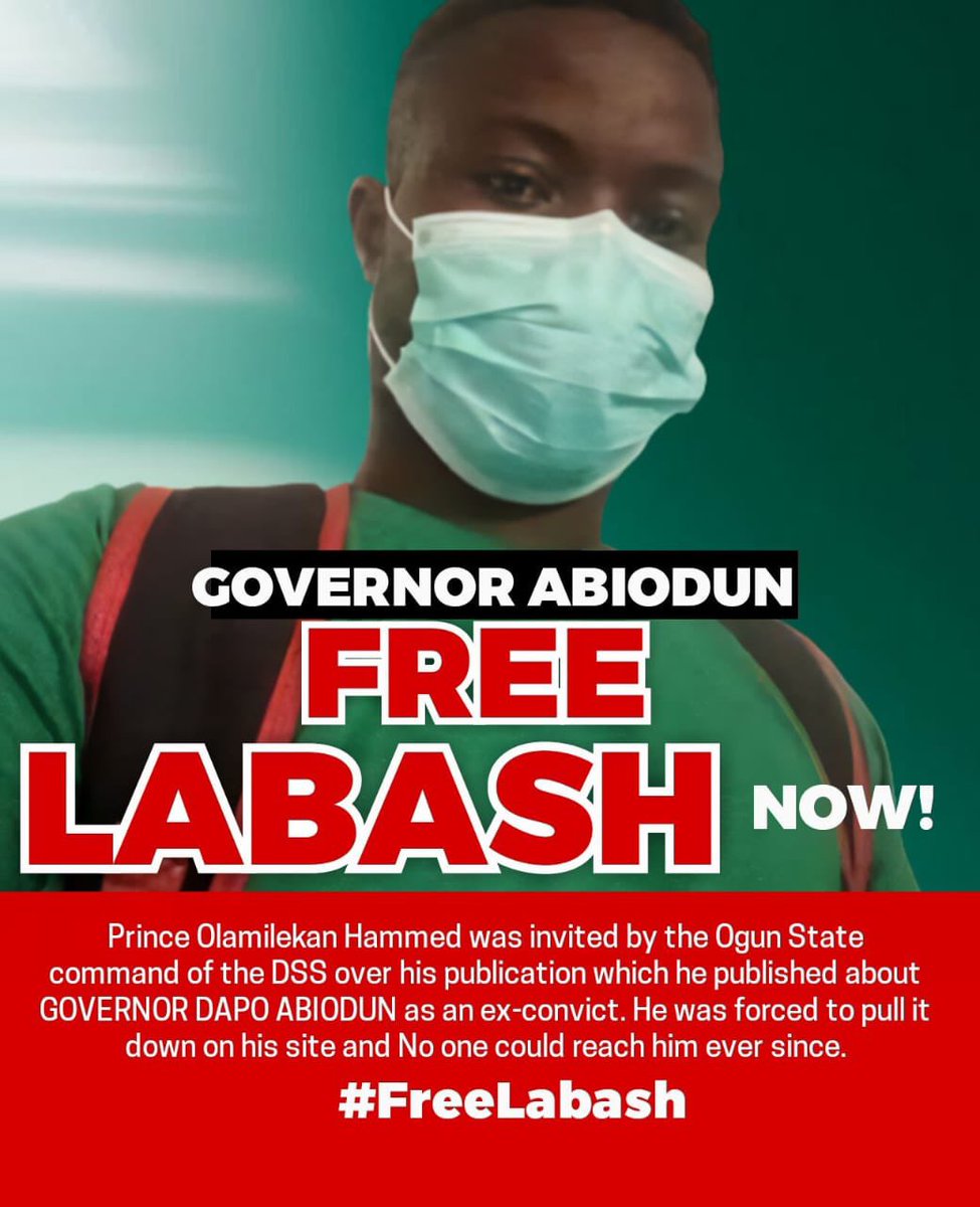 Possibl05476653's tweet photo. 137 days in prison is not a joke. We call on journalists in Nigeria to speak up against @dabiodunMFR  who arrested and detained @lahbash4real the publisher of @eaglesforesight for publishing the governor's criminal past! @GazetteNGR
@AmnestyNigeria

 #Freelabash Maguire Beyonce https://t.co/eau9pxQIT6