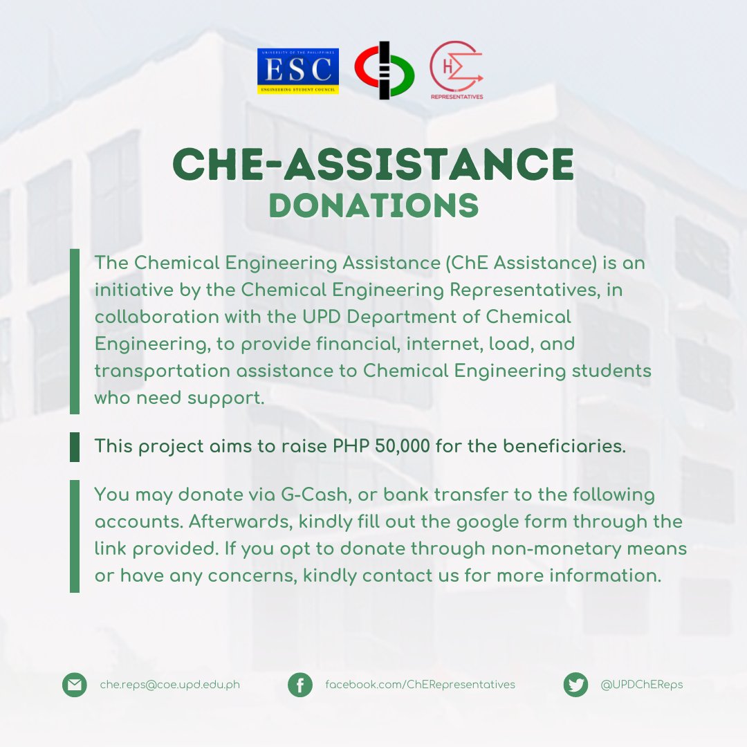 UPDChEReps's tweet photo. The Chemical Engineering Assistance (ChE Assistance) is an initiative by the Chemical Engineering Representatives, in collaboration with the UPD Department of Chemical Engineering, to provide assistance to Chemical Engineering students who are in need of financial aid. https://t.co/jTeX4rxMrM