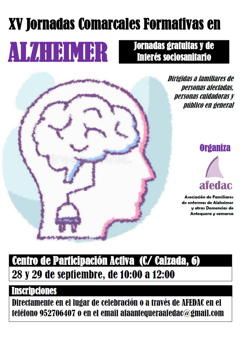AFEDAC's tweet photo. Arrancamos nuestras XV Jornadas Comarcales Formativas en #Alzheimer con nuestra primera cita en #Antequera. La asistencia es, como siempre, totalmente gratuita

📍 Centro de Participación Activa (C/ Calzada, 6)
🕗 De 10:00 a 12:00 https://t.co/4S9Dv8IzFa