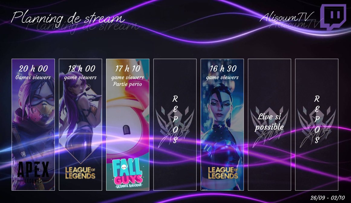 Planning pour cette semaine 🥰

twitch.tv/alisoumtv