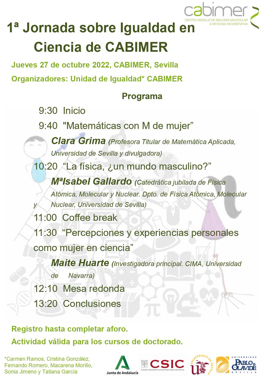 Cabimer (@cabimer) on Twitter photo Desde <a href="/CABIMER/">Cabimer</a> os invitamos el próximo 27 de octubre a nuestra Primera Jornada de Igualdad en Ciencia. Con <a href="/ClaraGrima/">Clara Grima</a>, <a href="/MaiteHuarteLab/">Maite Huarte</a> y #MaribelGallardo. (Actividad válida para cursos de doctorado, aforo limitado)
Apúntate ya en cabimer.es/jornadas-igual… Desde <a href="/CABIMER/">Cabimer</a> os invitamos el próximo 27 de octubre a nuestra Primera Jornada de Igualdad en Ciencia. Con <a href="/ClaraGrima/">Clara Grima</a>, <a href="/MaiteHuarteLab/">Maite Huarte</a> y #MaribelGallardo. (Actividad válida para cursos de doctorado, aforo limitado)
Apúntate ya en cabimer.es/jornadas-igual…