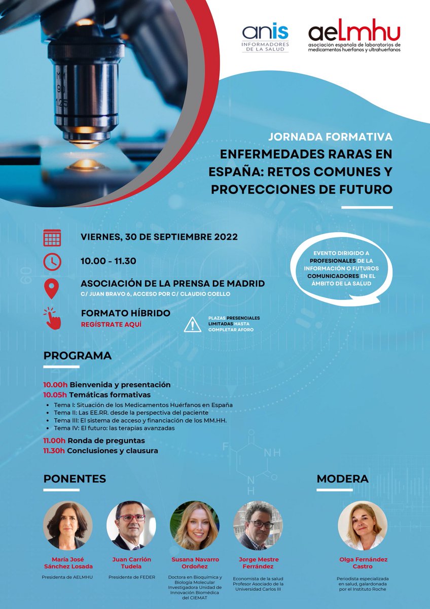 OlgaFCastro's tweet photo. Este viernes toca visibilizar las #EnfermedadesRaras, más invisibles que nunca por la pandemia. El programa: visión del #paciente, acceso a #medicamentos y estado de la #investigación en terapias avanzadas. Formación y actualización para #periodistas ⁦⁦@anisalud⁩ https://t.co/dAcEYAI2oL