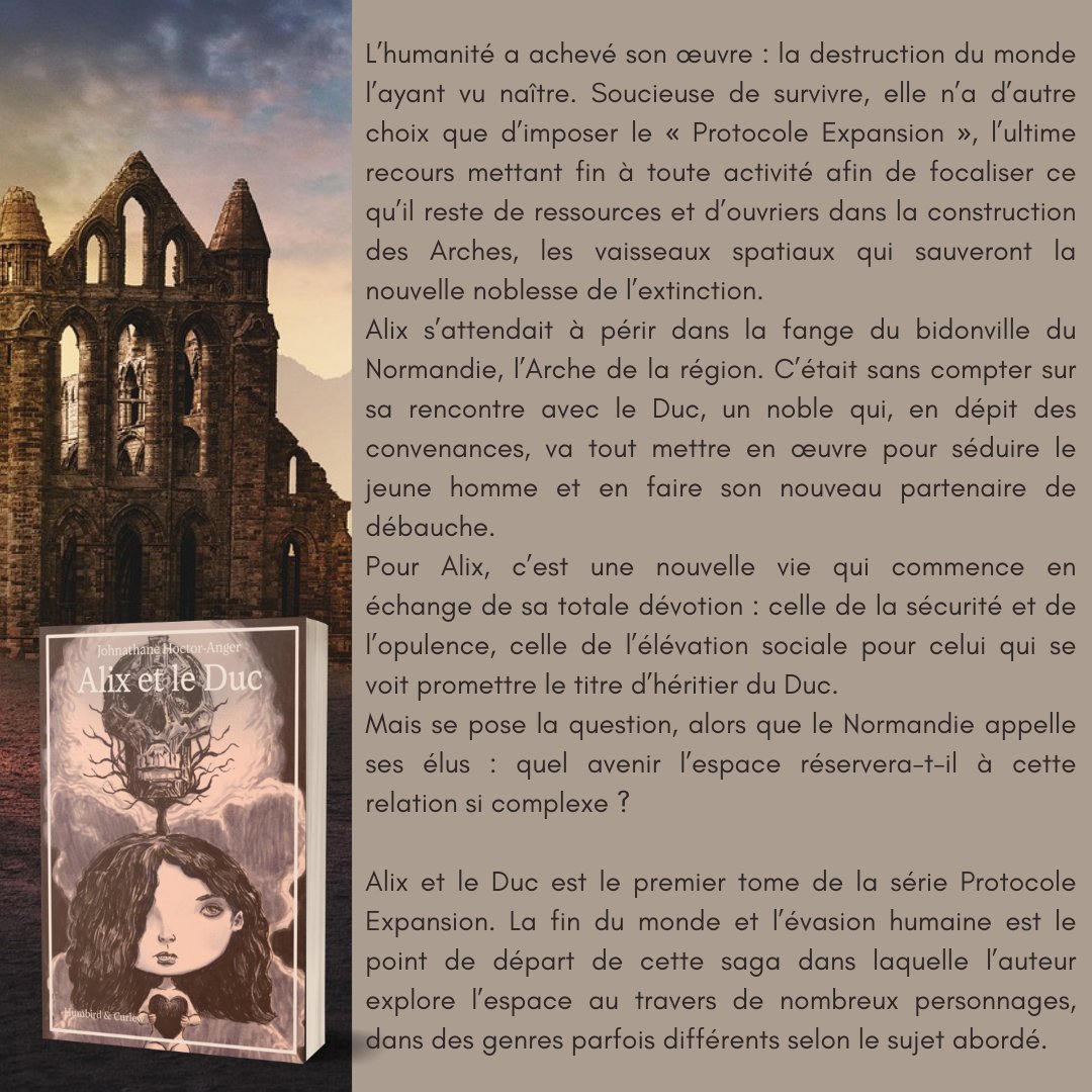 Salut le monde !
 
Parution en approche pour mon petit deuxième  :)

J'ai hâte que vous rencontriez Alix et le Duc ! C'est une histoire d'amour complexe, remplie d'espoirs et de désillusions dans un monde abandonné à sa ruine par une humanité résolue à s'exiler dans l'espace. 🚀
