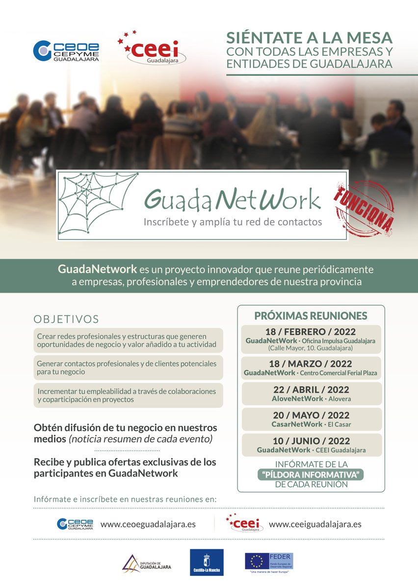 CEOEGuadalajara's tweet photo. 🔊En #GuadaNetWork seguimos reuniendo a los empresarios y autónomos de la provincia para generar negocio y contactos, inscríbete!
📌7 octubre @ceeiguadalajara
📌11 noviembre @FerialPlaza
📌16 diciembre @ImpulsaGu
👏Colabora @dipuguadalajara
👉📲 https://t.co/Ah3BCUjplW https://t.co/45Xpjdcqc5