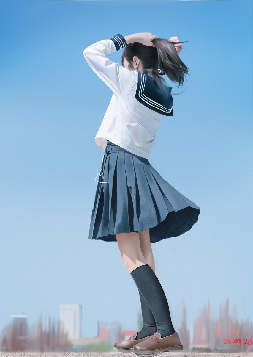 1girl solo skirt school uniform ponytail brown footwear socks  illustration images