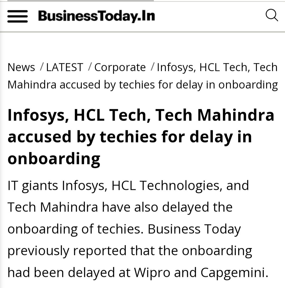 NITESenate's tweet photo. After #Wipro we have received complaints from employees of various IT companies regarding delay in on boarding. Unfortunately CEO's bragging about work ethics and transparency are left with no humanity. Thanks @business_today @aakancvedi for supporting and raising the cause. https://t.co/YEd1ttNTFm