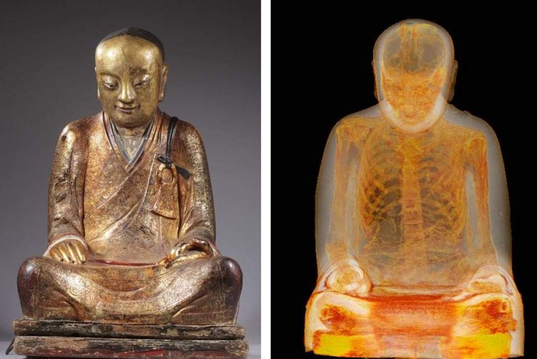 archeohistories's tweet photo. Ancient Buddhist statue contains perfectly preserved remains of 1000 year old mummified buddhist monk, called Liuquan. It was found sitting on bundle of cloth covered in Chinese inscriptions, may have practiced self-mummification to prepare for life after death

#archaeohistories https://t.co/VsuOrbgXLM