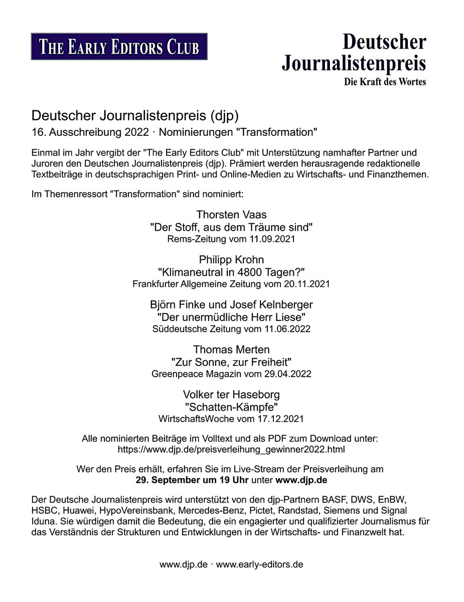 16. DEUTSCHER JOURNALISTENPREIS 2022
#djp #djp2022 

Nominiert im Ressort "#Transformation":
@ThorstenVaas / <a href="/VaasThorsten/">Thorsten Vaas</a> 
Philipp Krohn <a href="/pkrohn1/">Philipp Krohn</a> 
<a href="/Bjoern_Finke/">Björn Finke</a> 
Josef <a href="/kelnberger/">Josef Kelnberger</a> 
Thomas Merten <a href="/thomerten/">Thomas Merten</a> 
Volker ter Haseborg <a href="/vterhaseborg/">Volker ter Haseborg</a> 

djp.de/preisverleihun…