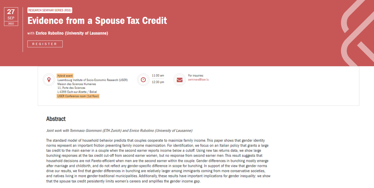 LISERinLUX's tweet photo. 📢Join us today at 11h CET for LISER's RSS Seminar (hybrid).
🗣️@enrico_rubolino of @unil will present "Evidence from a Spouse Tax Credit". Co-authored w/ @T_Giommoni.
✉️seminars@liser.lu
🔎https://t.co/5RlfGvnBhI
#EconTwitter #GenderEcon #TaxCredit https://t.co/uCNg0QD86z