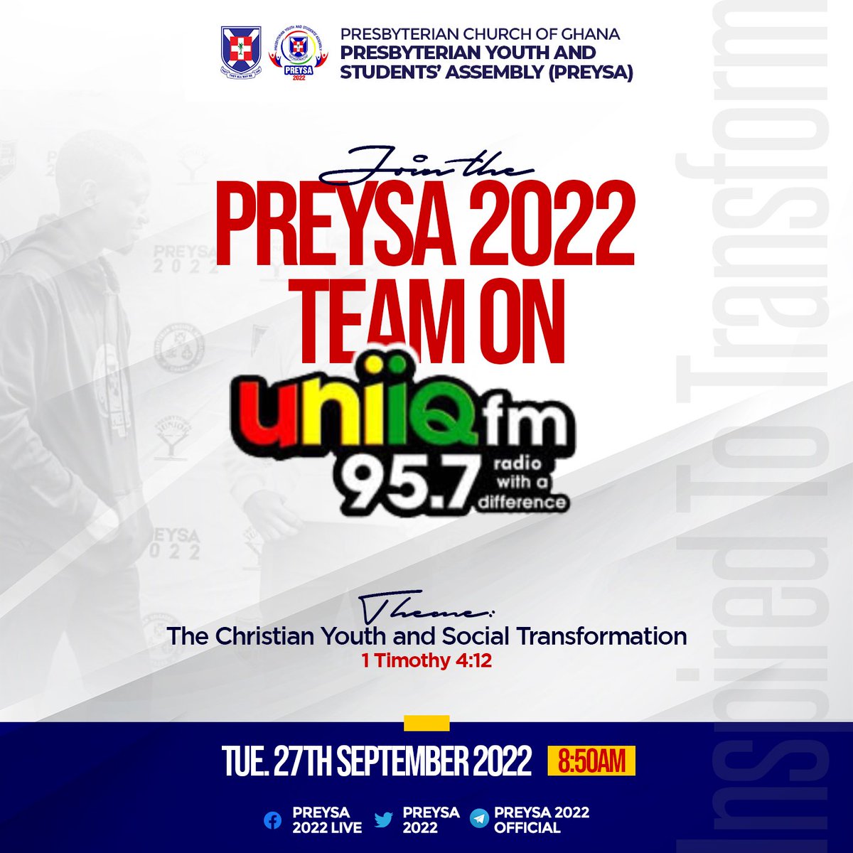 ga_ypg's tweet image. The Chairperson of the Central Planning Committee, Mr. Richard  Kwasi Offei, and Head of IT and Communication, Mr. Stanley Toddison, will be on Uniiq FM this morning to talk about #PREYSA2022. 

Please tune in and share. 

#InspiredToTransform