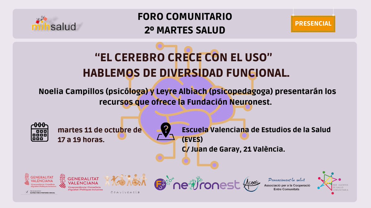 AcoecOngd's tweet photo. Continuamos #ForosSaludComunitaria #Mihsalud

“EL CEREBRO CRECE CON EL USO. Hablemos de diversidad funcional" a cargo de Noelia Campillos (psicóloga) y Leyre Albiach (psicopedagoga) Fundación Neuronest

🗓️Martes 11 Octubre
⏰17h-19h
📍EVES
📝Inscripciones
https://t.co/F2v7R2fRAs https://t.co/Byh7imW0ZG