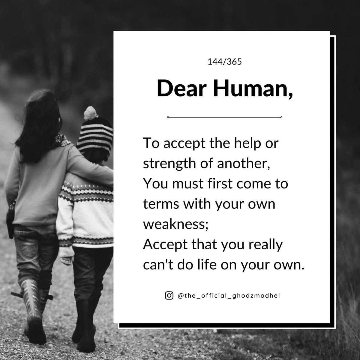 DearHuman365's tweet photo. Dear Human, you really can't do life on your own.
#ghodzmodhel #dearhuman #support #strength #help #needsomeone #learning #dailymotivation #journal https://t.co/oSZz2cGeTM