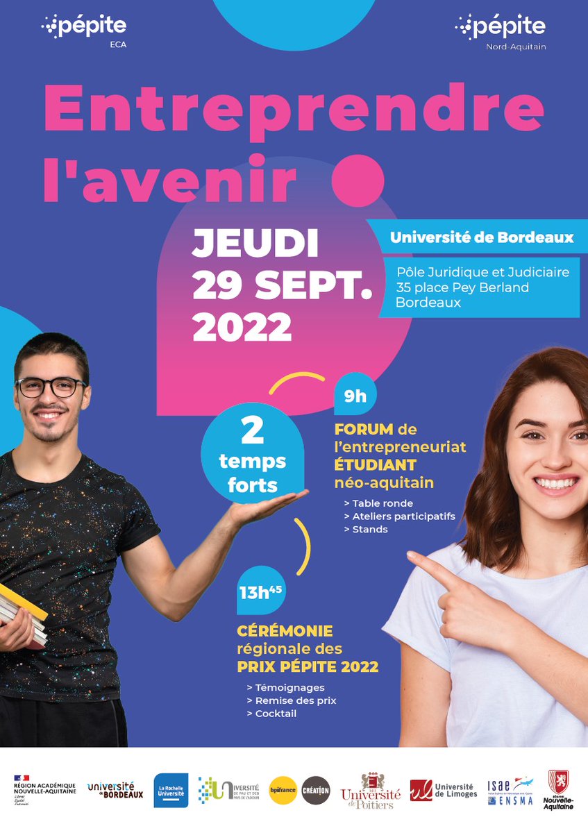 J-2 pour Entreprendre l'avenir! Une journée dédiée à l'#entrepreneuriat #étudiant, à impact et la feuille de route Néo Terra <a href="/NvelleAquitaine/">Nouvelle-Aquitaine</a> 
Table ronde, ateliers et stands d'entrepreneurs le matin, remise des prix Pepite 2022 l'après-midi.
Inscription👉 lnkd.in/eyGJdScN