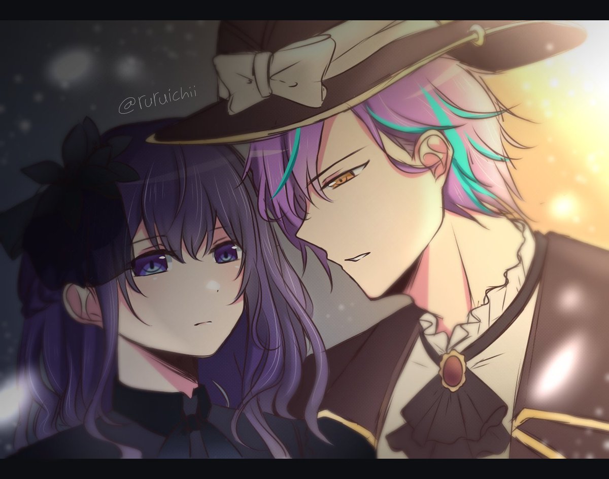 1girl 1boy purple hair hat streaked hair ascot blue hair  illustration images