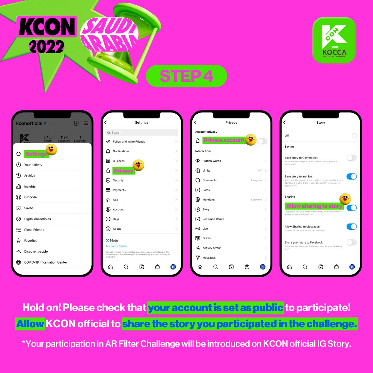KCON_official's tweet photo. KCON 2022 SAUDI ARABIA AR Filter Challenge😎📸

Participate in AR Filter Challenge to get your FUN selfies💎 and a chance to win an artist's signed CD!💿
Please refer to the image for details💚

*AR Filter Challenge is available on Instagram Story ONLY!

#KCON #KCONSAUDIARABIA https://t.co/31TB63QdMB