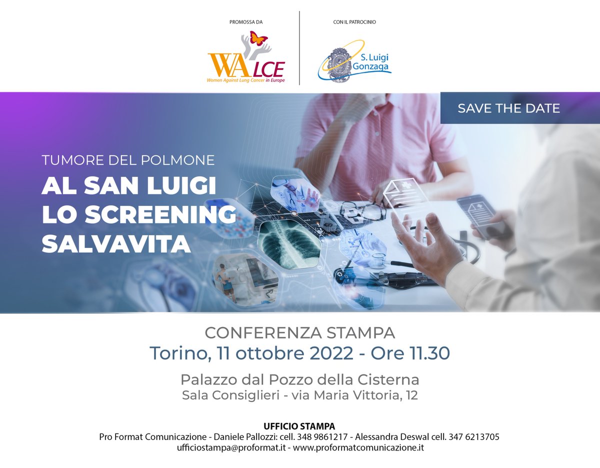 📌 #SaveTheDate "Tumore del Polmone: Al San Luigi lo #screening salvavita"
🗓 Conferenza Stampa: Torino, 11 ottobre - ore 11.30
📍Palazzo del Pozzo della Cisterna (via Maria Vittoria, 12)