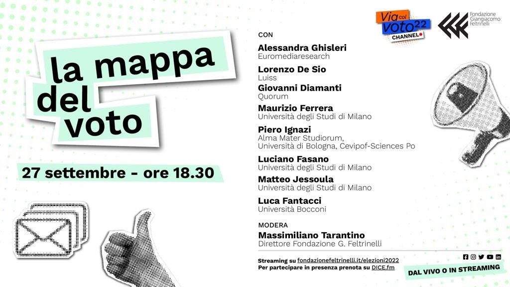 Stasera (18.30) a Milano (o in streaming) alla @FondFeltrinelli analizziamo il voto - onorato di essere con Ghisleri @giodiamanti Ferrera Ignazi @lmfasano66 @MatteoJessoula @LucaFantacci Tarantino fondazionefeltrinelli.it/elezioni2022/ @_cise