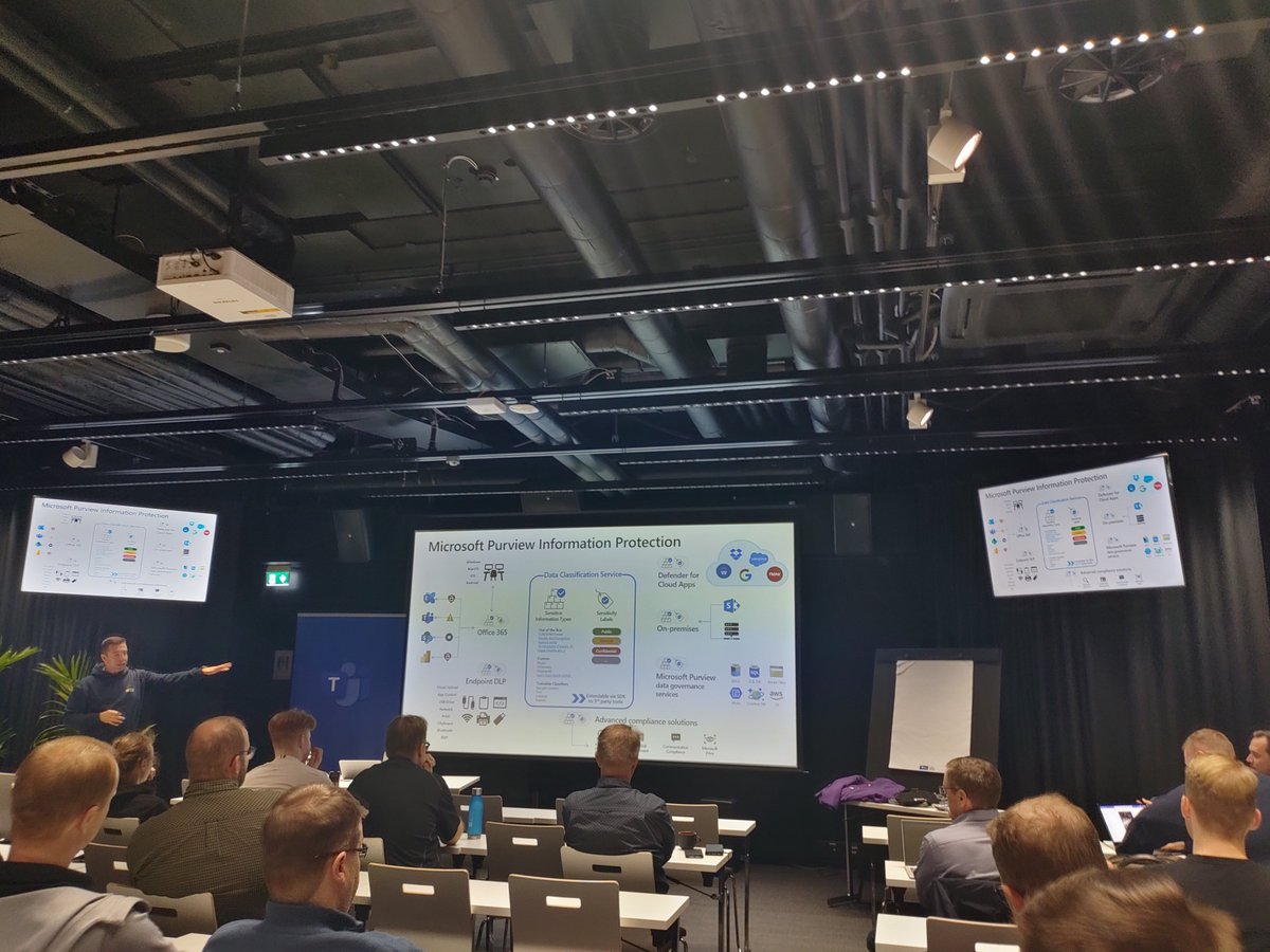 drjantti's tweet photo. Cemis (Kainuun HYTKI) Microsoft Modern Work &amp; Security Tourilla Kuopiossa kuuntelemassa datan suojaamisesta Purview-palvelulla. Organisaatio saa näkyvyyden miten sensitiivistä dataa siirrellään ja voi estää datan kopioinnin päätelaitteista henkkoht pilveen  #hytki https://t.co/g8v0HOnSMM