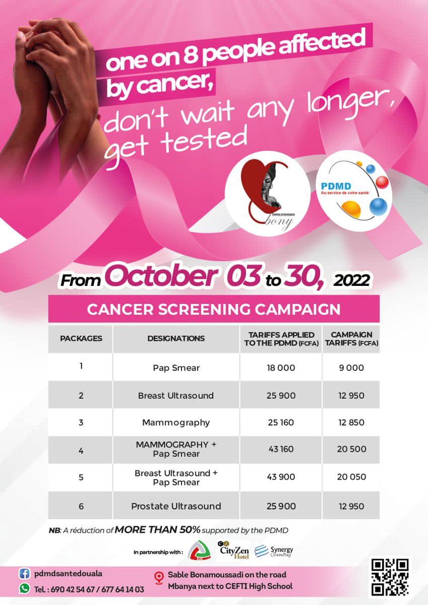 Pdmdsante's tweet photo. La PDMD en Partenariat avec l'association EBONY organisent du 03 au 30 Octobre 2022 une grande campagne de lutte contre le cancer (cancer du sein, du col de l'uterus et de la prostate).
Contact: 677 64 14 03
Whatsapp: 690 42 54 67
#PDMD Santé Au service de votre santé. https://t.co/XPOXb98MsB