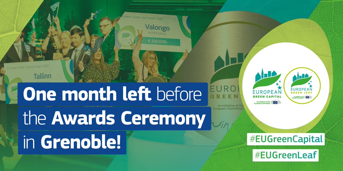 One month away📆...

Presenting our finalists for #EUGreenCapital 2024
<a href="/Comune_Cagliari/">Comune di Cagliari</a>🇮🇹
<a href="/VLCVerda/">València Verda</a>🇪🇸

&amp; our #EUGreenLeaf 2024 finalists
Elsinore🇩🇰
Velenje🇸🇮
Bistrița🇷🇴

The countdown is on for the Awards Ceremony hosted by the EU Green Capital 2022 <a href="/GreenGrenoble22/">🌱 Grenoble, European Green Capital 2022 🇪🇺</a> 27 October🏆