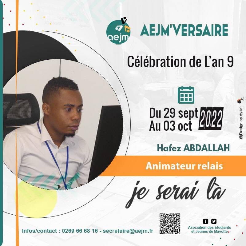 AEJM2013's tweet photo. AEJM'VERSAIRE

  [ JJ - 03]

TIC TAC ⏳⏳ TIC TAC

Plus que 03 jours pour célébrer et dévinez quoi??

HAFEZ ABDALLAH
Animateur Relais sera là et Vous ??

#AEJM
#anniversaire_aejm
#Jeunessemayotte https://t.co/0Vq5ouvPPj