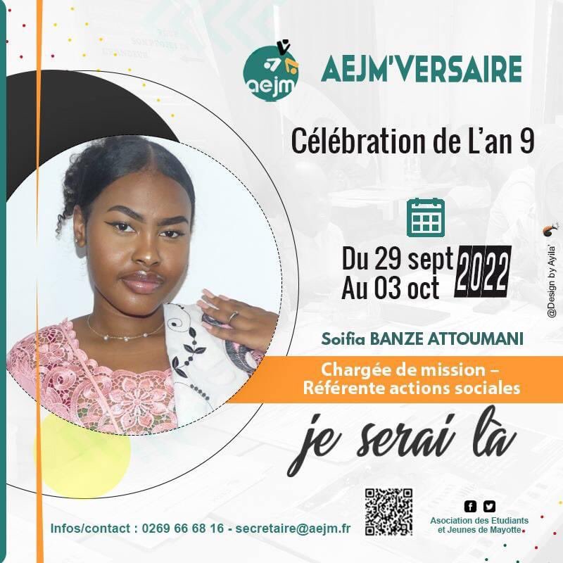 AEJM2013's tweet photo. AEJM'VERSAIRE

  [ JJ - 03]

TIC TAC ⏳⏳ TIC TAC

Plus que 03 jours et dévinez quoi??
SOIFIA BANZE ATTOUMANI
chargée de mission référente actions sociales sera des nôtres et vous ??

#AEJM
#anniversaire_aejm
#Jeunessemayotte https://t.co/rL0GSLoz3Z