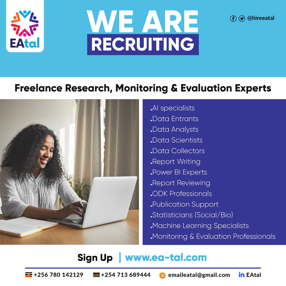 helixdynamicsx's tweet photo. Are you a tech-savvy East African resident, highly skilled in Research, Monitoring &amp; Evaluation? EAtal is recruiting individuals ready to share their skills on a freelance basis. 

Visit https://t.co/gveoBWIE4M and sign up free of charge today.

 #freelancers
#EastAfrica
#EAtal https://t.co/wY20gWSfZg