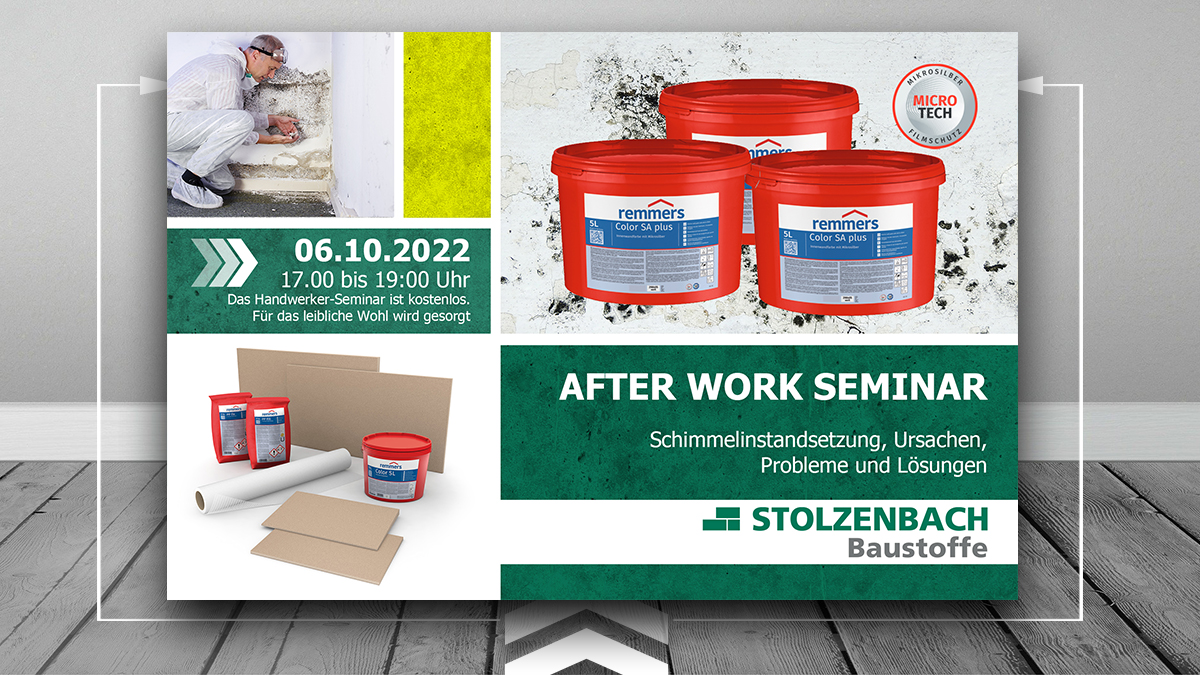 Kostenloses Handwerkerseminar - Schimmelinstandsetzung mit remmers am 06.10.2022. Anmeldung und weitere Informationen >> stolzenbach-baustoffe.de/handwerkersemi… 
#Schulung #Seminar #afterwork #Lehrgang #remmers #Schimmelinstandsetzung #Profi #Privat #Schimmel #Sanieren