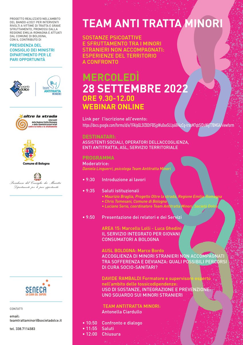 #SaveTheDate #webinar #online 
👉 SOSTANZE PSICOATTIVE E SFRUTTAMENTO TRA I MINORI STRANIERI NON ACCOMPAGNATI: ESPERIENZE DEL TERRITORIO A CONFRONTO

📅 MERCOLEDÌ #28SETTEMBRE 2022, ORE 9.30-12.00
📍 Link per l'iscrizione all'evento: docs.google.com/forms/d/e/1FAI…