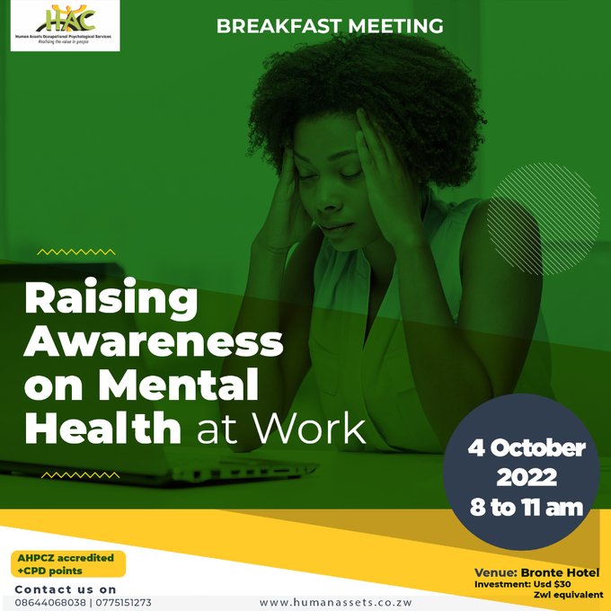 Breakfast meeting on raising awareness on Mental Health at Work
For registrations and sponsorship contact us on
Email: admin@humanassets.co.zw | +263 77 515 1273
#mentalhealthmatt… See more